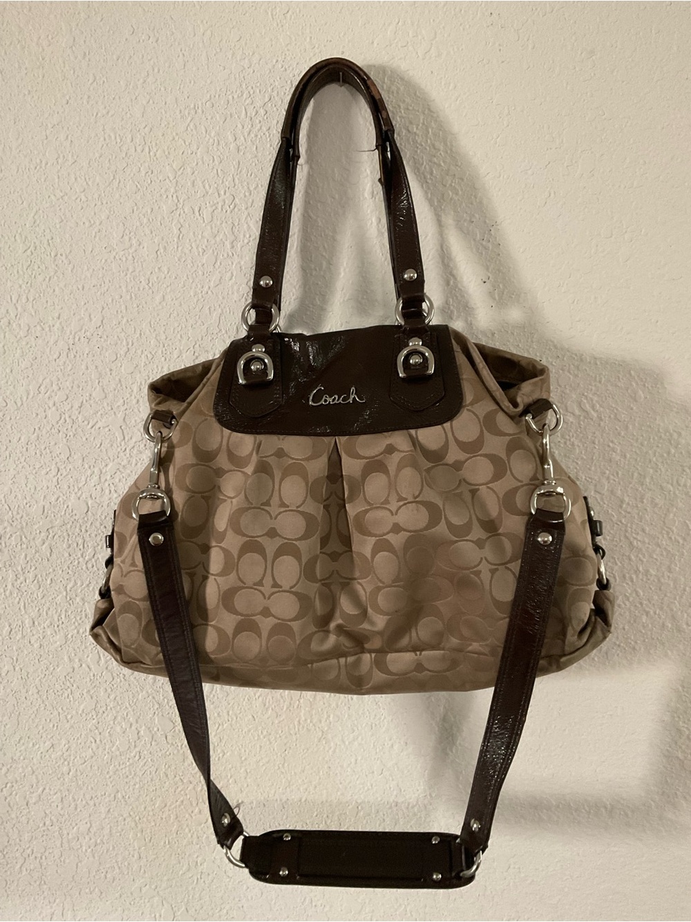 Coach Beige Signature Shoulder Tote with Dark Brown Trim